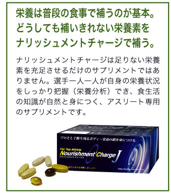 栄養は普段の食事で補うのが基本。どうしても補いきれない栄養素をナリッシュメントチャージで補う。